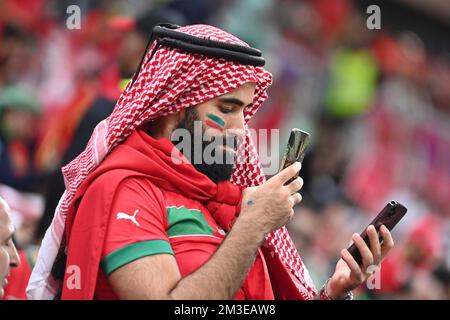 Ein marokkanischer Fußballfan schaut sich zwei Smartphones an. Halbfinale, Halbfinalspiel 62, Frankreich (FRA) - Marokko (MÄRZ) 2-0, am 14.. Dezember 2022, Al Bayt Stadium Fußball-Weltmeisterschaft 20122 in Katar ab November 20.. - 18.12.2022? Stockfoto