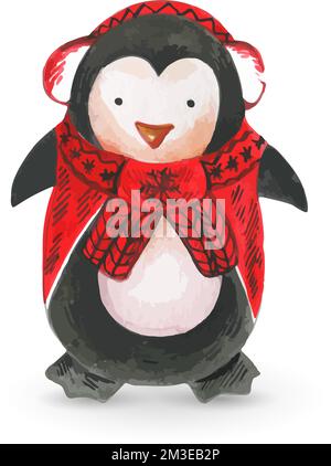 Niedliche Pinguin-Figur in roter, gewebter Beanie-Mütze mit zwei Bommeln. Abbildung auf weißem Hintergrund Stock Vektor