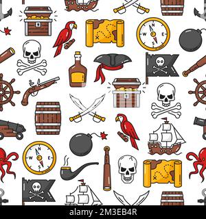Karibische Piraten und Korsare mit nahtlosem Hintergrund. Vektorschatztruhe Piratenmuster mit Rumfass, Schädel auf Jolly Roger Flagge und Filibusterschiff mit Kanone und Tricorne-Piratenhut Stock Vektor