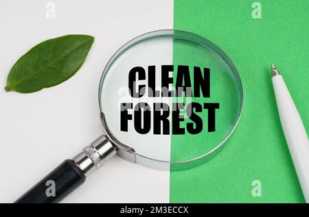 Ökologisches Konzept. Auf weißgrünem Hintergrund liegt ein Stift, ein Blatt einer Pflanze und eine Lupe, in der sich die Inschrift befindet - sauberer Wald Stockfoto