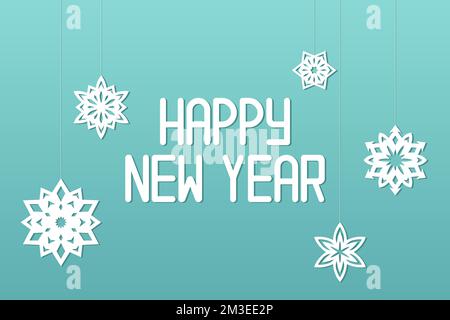 Grußkarte mit Schneeflocken und MERRY CHRISTMAS Inscription. Blauer Hintergrund. Vektordarstellung. Stock Vektor
