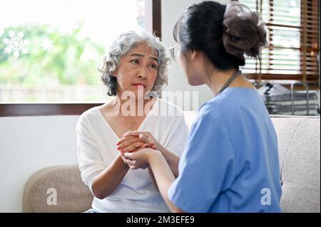 Eine ältere Frau wird von einem Arzt beruhigt. Fürsorgliche und freundliche junge asiatische Ärztin oder Krankenschwester hält die Hände einer älteren Frau, um sie zu trösten und zu unterstützen Stockfoto