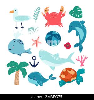 Cartoon-Meerestiere. Süße Meeresfische, Kraken, Hai und Schildkröte, Quallen, Krabben und Robben. Unterwasser-Tierwelt-Vektorbildungs-Set. Stock Vektor