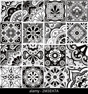 Mexikanische talvera-Keramikfliesen in Schwarz, Grau und Weiß mit Dekor, Blumen, Blättern und Wirbeln, perfekt für Tapeten, Heimdekor, Textil oder Textil Stock Vektor