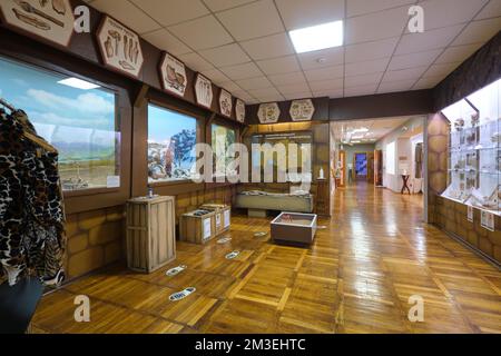 Blick auf eine der Galerien, Ausstellungen. Das Zimmer mit Höhlenmenschen, steinzeitlichen Dioramen. Im Gorodskoy Muzey, Museum, in Temirtau, Kasachstan. Stockfoto