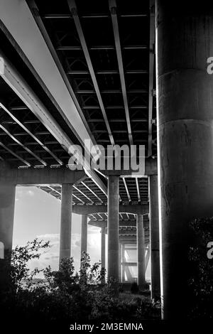 Ein Graustufenbild der Arthur Ravenel Jr Bridge aus Under in Charleston, Mount Pleasant Stockfoto