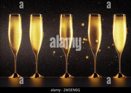 Eine Reihe Champagnerflöten mit Goldblasen auf schwarzem Hintergrund mit einer Reflexion des Champagners. Stockfoto