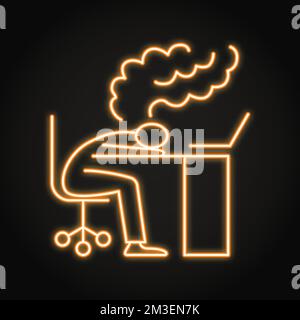 Arbeiten Sie mit einem Symbol aus leuchtendem Neon in Linienform. Müder Büroangestellter sitzt am Tisch mit Laptop. Vektordarstellung Stock Vektor