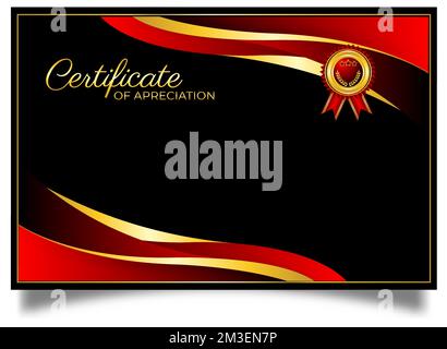 Ein Logo mit Zertifikat in Rot und Gold auf schwarzem Hintergrund Stock Vektor