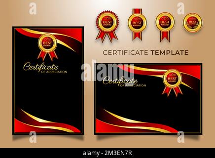 Ein Paket mit Zertifikat-Logo-Design in Rot und Gold auf schwarzem Hintergrund Stock Vektor