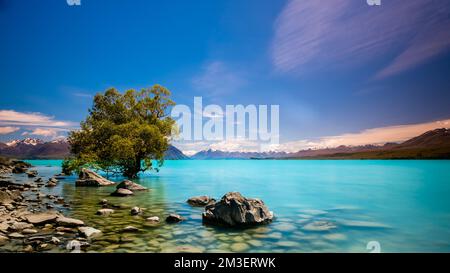 Wunderschöner Pukaki-See unter blauem Himmel Stockfoto