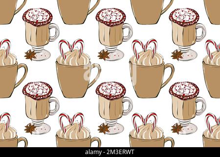 Heißes Getränk schmeichelt dem Muster. Café-Bar-Kollektion. Tassen Kaffee mit Süßigkeiten und Gewürzen. Textil- und Verpackungsdesign. Stockfoto