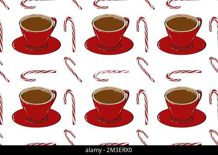 Heißes Getränk schmeichelt dem Muster. Café-Bar-Kollektion. Tassen Kaffee mit Süßigkeiten und Gewürzen. Textil- und Verpackungsdesign. Stockfoto