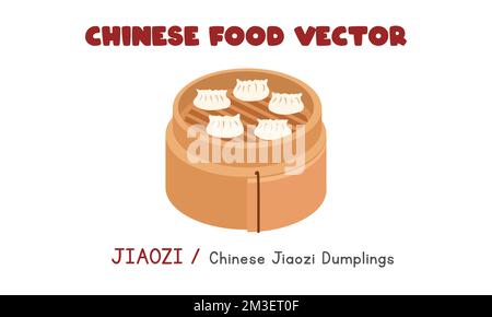 Chinese Jiaozi: Chinesische Jiaozi-Knödel in einem Bambusdampfer, Flachvektordesign, Clipart-Cartoon-Stil. Asiatisches Essen. Chinesische Küche Stock Vektor