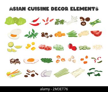 Set asiatischer Speisen Dekorelemente Vektordesign Clipart. Chili, Gemüse, Karotten, Pilze, Zitrone, Tomaten, Eier, Kartoffeln, Enoki-Pilze, Tofu Stock Vektor