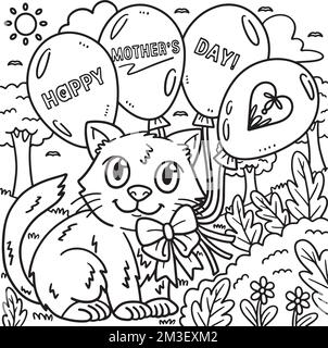 Happy Mütters Day Cat And Balloons Malseite Stock Vektor