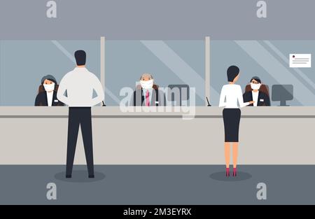 Bank Büro ist während der Epidemie des Virus geöffnet. Mitarbeiter in schützenden medizinischen Masken hinter dem Tresen bedienen Kunden. Kunden stehen in der Halle und sprechen Stock Vektor