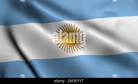 Argentinische Flagge Mit Gewellter Stoffstruktur. Echte Satin-Textur Argentinien Nationalflagge winkend im Wind 3D Rendern Stockfoto