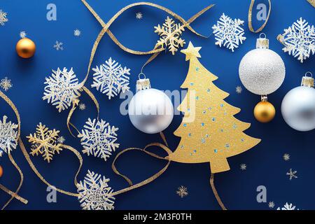 Ein blauer Hintergrund mit goldenen und weißen Ornamenten und einem weihnachtsbaum an der Seite. . Stockfoto