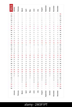 Einzeiliger vertikaler Kalender 2023, sonntag erster Wochentag. Vektorkalender. Stock Vektor