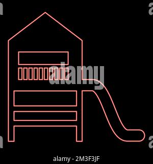 Neon Spielplatz Rutsche Kinderrutsche Kinderspielplatz Kinderstadt mit roter Rutsche Vektorgrafik Bild flache Leuchte Stock Vektor