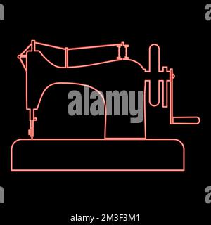 Neon-Nähmaschine Nähmaschine Schneiderausrüstung Vintage Rot Vektorgrafik Bild flache Leuchte Stock Vektor