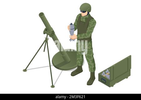 Isometrische Spezialeinheit Soldatenpolizei, Swat-Team-Mitglied. Isometrischer Soldat mit Mörsercrew. Mörser-Militärwaffe. Mörserpistole. Spezialeinheit Stock Vektor