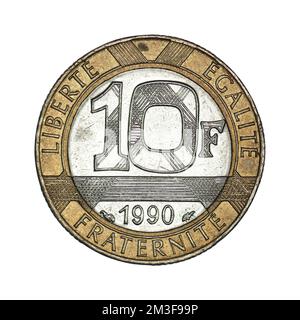 Frankreich 10 Francs, 1988-2001 auf weißem Hintergrund Stockfoto