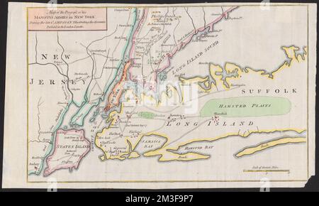 Karte des Fortschritts der Armeen seiner Majestät in New York während der späten Kampagne, die die Berichte illustriert, die in der London Gazette veröffentlicht wurden, Kampagnen und Schlachten, Krieg, USA, Geschichte, Revolution, 1775-1783. Ralph Finos Kartensammlung Stockfoto