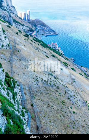 Meerblick vom Gibraltar Europa Point Rock. Blick auf Gibraltar Stockfoto