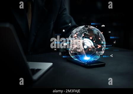 Geschäftsmann, der ein mobiles Smartphone mit Icon-WLAN-Kommunikation und einem Internet-Konzept für soziale Netzwerke verwendet. Stockfoto