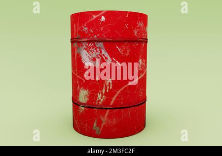 3D-Abbildung, die einen minimalen roten Ölbehälter auf weißem Hintergrund darstellt. Stockfoto
