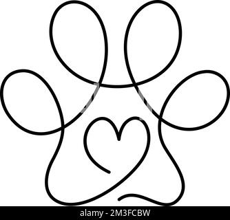 Fußabdruck von Hund- oder Katzenpfote und Herz in durchgehender einzeiliger Zeichnung des Logos. Minimale Strichgrafiken. Tier im Herzen. Haustiere lieben das Konzept Monoline Stock Vektor