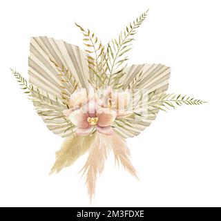 Aquarell Blumenstrauß mit getrockneten Palmenblättern und Orchideen im Boho-Stil. Handgezeichnete Blumenzeichnung tropischer Pflanzen mit Pampasgras in beigen Pastelltönen für Hochzeitseinladungen. Stockfoto