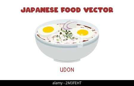 Japanische Udon-Nudelsuppe, flacher Vektor-Clipart-Cartoon. Asiatisches Essen. Japanische Küche. Japanisches Essen Stock Vektor