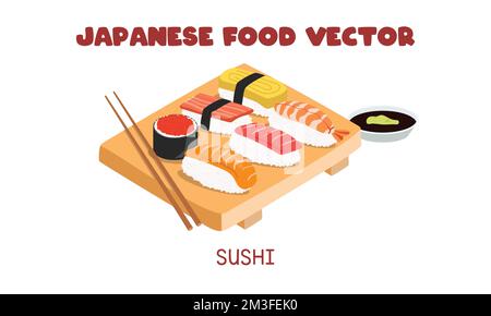Japanisches Sushi mit Lachs, Thunfisch, gekochten Garnelen, Ei, Lachsrogen, Krabbenstock und Essstäbchen flache Vektorzeichnung, Clipart Cartoon Stock Vektor