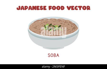 Japanische Soba-Nudelsuppe, Schale, flacher Vektor, Illustration, Clipart-Cartoon-Stil. Asiatisches Essen. Japanische Küche. Japanisches Essen Stock Vektor