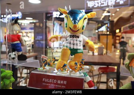 XI'AN, CHINA - 14. DEZEMBER 2022 - Fuleco, das Maskottchen der brasilianischen Weltmeisterschaft 2014, wird in einem Einkaufszentrum in Xi'an, Provinz Shaanxi, China, ausgestellt Stockfoto