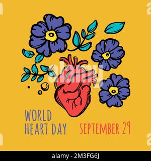 WORLD HEART DAY Medizin Vorsicht Human Health Urlaub Poster Heart in Flowers with Leaves and Text on Orange Background Vector Illustration 21 Septemb Stock Vektor