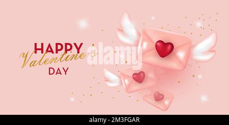 Rosafarbener Umschlag mit Flügeln und Herz. Sei mein Valentinstag. „Happy Valentine's Day“-Banner. Vektordarstellung im 3D-Minimalstil Stock Vektor