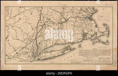 Karte mit vergleichenden Expertenpunkten, Und die Vorteile für Massachusetts, von der vorgeschlagenen Verlängerung der New York and Massachusetts Railway um 60 Meilen durch den Südwesten von Massachusetts, die letztes Jahr gechartert wurde, mit der der vorgeschlagenen Zweigstelle der Hartford und Connecticut Western, von Tariffville nach Springfield, gegen die Beschimpfungen aller westlichen Massachusetts, Und vor allem im Südwesten von Massachusetts, wo es seit Jahren um Eisenbahnanlagen geht, Hartford und Connecticut Western Railroad, New York und Massachusetts Railway, Railroads, New England, Maps, Railroads, Neues Y Stockfoto