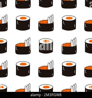 Nahtloses Muster mit Sushi. Handgezeichneter Vektorhintergrund mit traditioneller japanischer Küche Stock Vektor