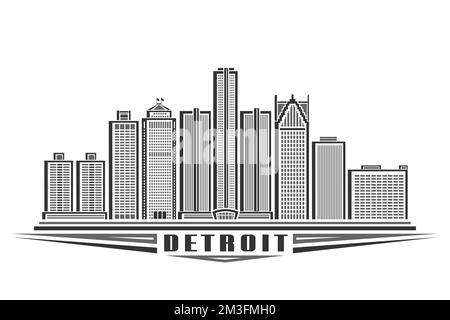 Vektordarstellung von Detroit, einfarbiges horizontales Poster mit linearem Design, Stadtbild von detroit, amerikanisches Kunstkonzept mit Dekoration Stock Vektor