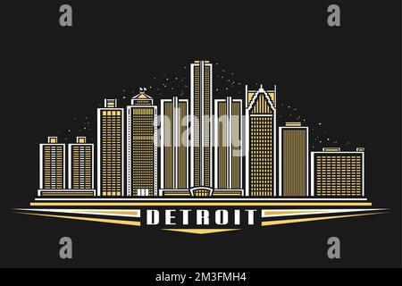 Vektordarstellung von Detroit, dunkles horizontales Poster mit linearem Design, berühmte stadtlandschaft von detroit im Hintergrund der Abenddämmerung, amerikanische urbane Linie Art CO Stock Vektor