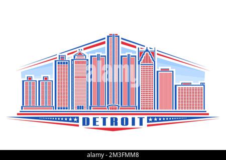 Vektordarstellung von Detroit, horizontales Abzeichen mit linearem Design, berühmte stadtlandschaft von detroit auf Tageshintergrund, rotes urbanes Kunstkonzept mit d Stock Vektor