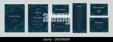 Elegante Einladungen mit grünen Blumenmotiven und marineblauem Hintergrund. Stock Vektor