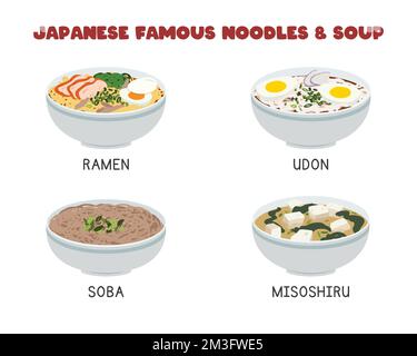 Vektorset der berühmtesten japanischen Nudeln und Suppe. Ramen, Udon, Soba, Miso Soup, Flachvektordesign-Illustration, Clipart-Cartoon. Asiatisches Essen Stock Vektor