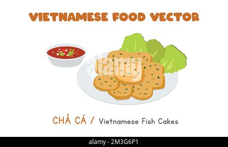 Vietnamesische gegrillte Fischkuchen oder Fischkuchen flaches Vektordesign. Cha Ca Clipart Cartoon-Stil. Asiatisches Essen. Vietnamesische Küche Stock Vektor