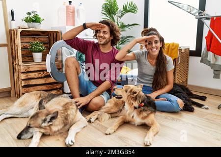 Ein junges lateinamerikanisches Paar, das mit Hunden Wäsche wäscht, war sehr glücklich und lächelte weit weg mit Hand über Kopf. Suchbegriff. Stockfoto