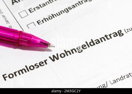 Antrag auf Wohngeld, Form, Biros Stockfoto